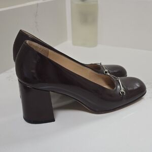 Vintage Gucci Dark Brown Leather Block Heel Pumps with Silver Bit Detail